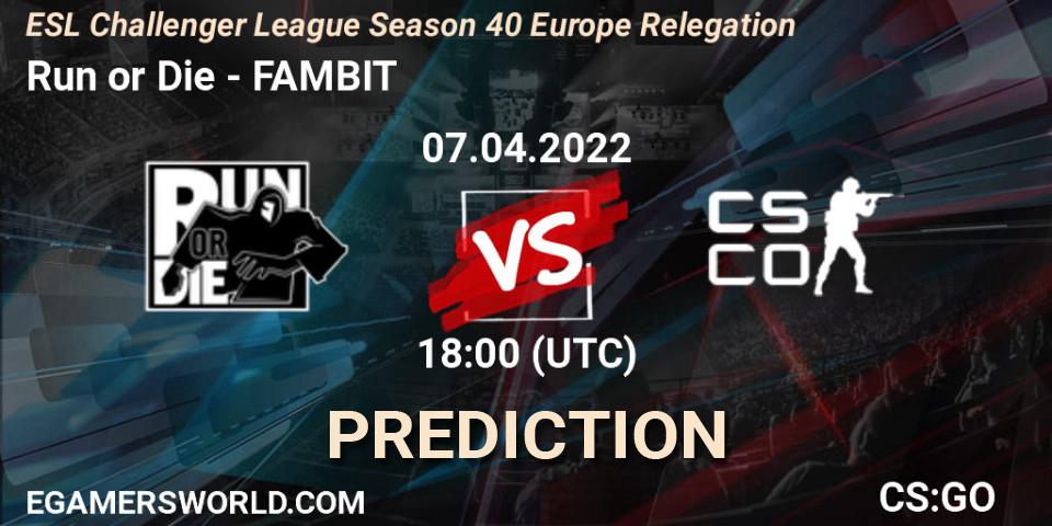 Run or Die vs FAMBIT: Match Prediction. 07.04.2022 at 18:15, Counter-Strike (CS2), ESL Challenger League Season 40 Europe Relegation
