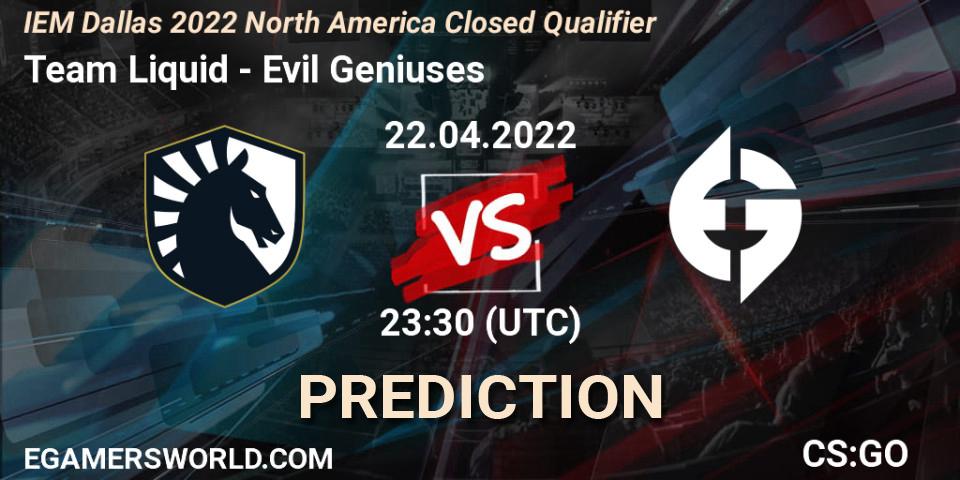 Team Liquid vs Evil Geniuses: Match Prediction. 22.04.2022 at 23:30, Counter-Strike (CS2), IEM Dallas 2022 North America Closed Qualifier