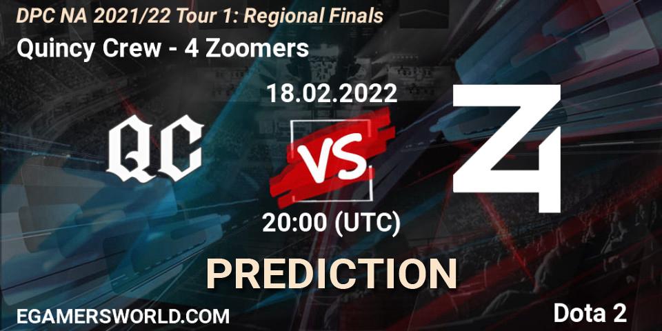 Quincy Crew vs 4 Zoomers: Match Prediction. 18.02.2022 at 19:55, Dota 2, DPC NA 2021/22 Tour 1: Regional Finals