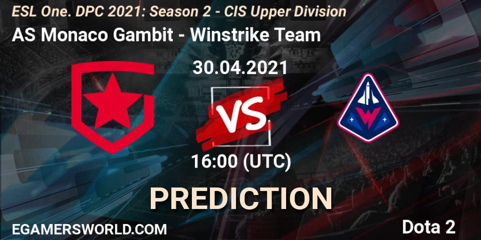 AS Monaco Gambit vs Winstrike Team: Match Prediction. 30.04.2021 at 15:55, Dota 2, ESL One. DPC 2021: Season 2 - CIS Upper Division