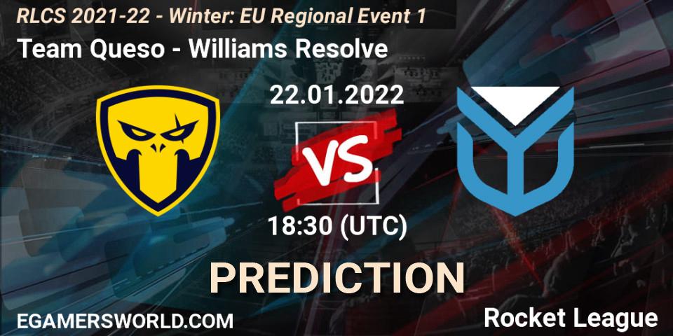 Team Queso vs Williams Resolve: Match Prediction. 22.01.2022 at 17:20, Rocket League, RLCS 2021-22 - Winter: EU Regional Event 1