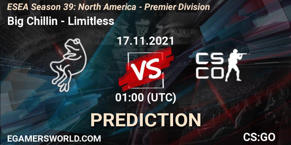 Big Chillin vs Limitless: Match Prediction. 17.11.2021 at 01:00, Counter-Strike (CS2), ESEA Season 39: North America - Premier Division