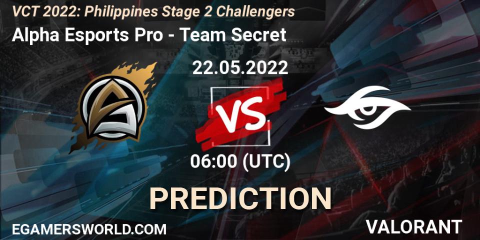 Alpha Esports Pro vs Team Secret: Match Prediction. 22.05.2022 at 07:00, VALORANT, VCT 2022: Philippines Stage 2 Challengers