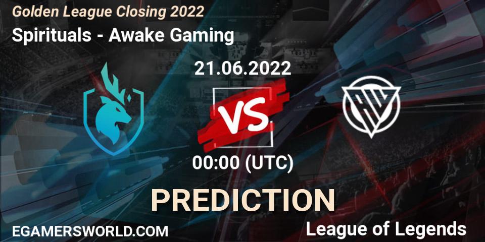 Spirituals vs Awake Gaming: Match Prediction. 21.06.2022 at 00:00, LoL, Golden League Closing 2022