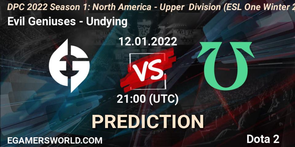 Evil Geniuses vs Undying: Match Prediction. 12.01.2022 at 19:58, Dota 2, DPC 2022 Season 1: North America - Upper Division (ESL One Winter 2021)