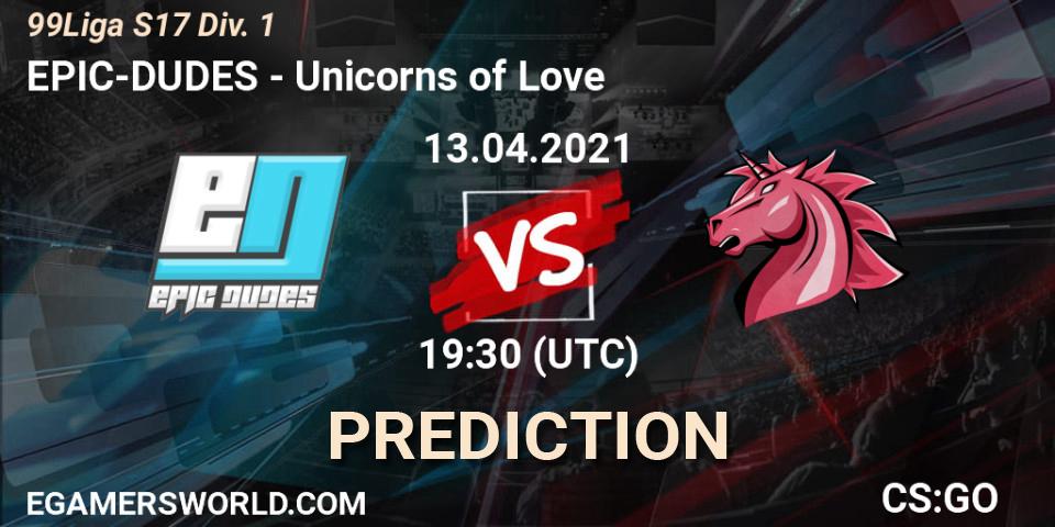 EPIC-DUDES vs Unicorns of Love: Match Prediction. 26.05.2021 at 19:30, Counter-Strike (CS2), 99Liga S17 Div. 1