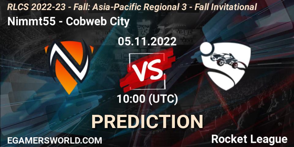 Nimmt55 vs Cobweb City: Match Prediction. 05.11.2022 at 10:00, Rocket League, RLCS 2022-23 - Fall: Asia-Pacific Regional 3 - Fall Invitational