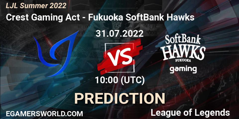 Crest Gaming Act vs Fukuoka SoftBank Hawks: Match Prediction. 31.07.2022 at 10:00, LoL, LJL Summer 2022