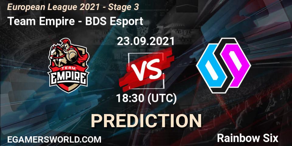 Team Empire vs BDS Esport: Match Prediction. 23.09.2021 at 18:30, Rainbow Six, European League 2021 - Stage 3