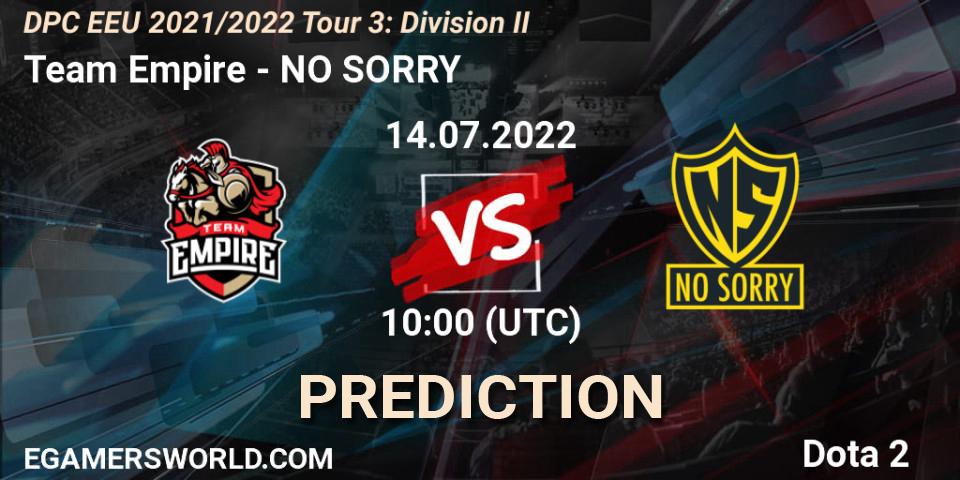 Team Empire vs NO SORRY: Match Prediction. 14.07.2022 at 10:00, Dota 2, DPC EEU 2021/2022 Tour 3: Division II