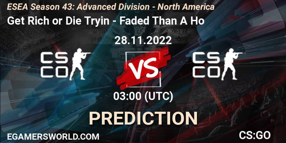 Get Rich or Die Tryin vs Faded Than A Ho: Match Prediction. 28.11.22, CS2 (CS:GO), ESEA Season 43: Advanced Division - North America