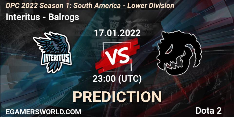 Interitus vs Balrogs: Match Prediction. 17.01.2022 at 23:00, Dota 2, DPC 2022 Season 1: South America - Lower Division