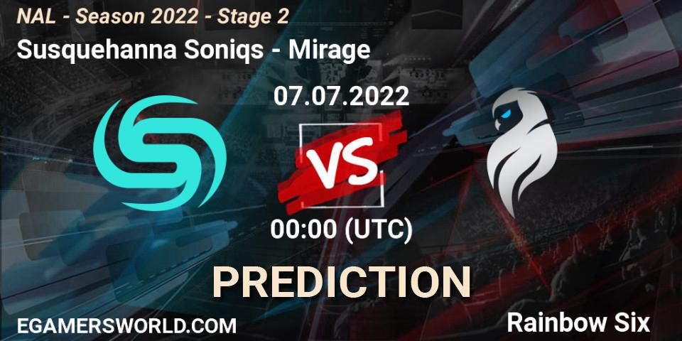 Susquehanna Soniqs vs Mirage: Match Prediction. 07.07.2022 at 00:00, Rainbow Six, NAL - Season 2022 - Stage 2