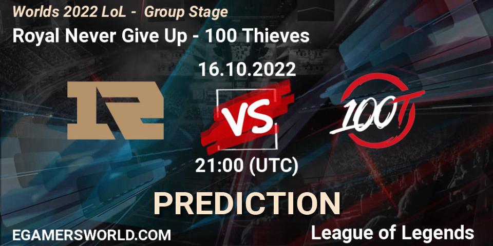 Royal Never Give Up vs 100 Thieves: Match Prediction. 16.10.2022 at 21:00, LoL, Worlds 2022 LoL - Group Stage