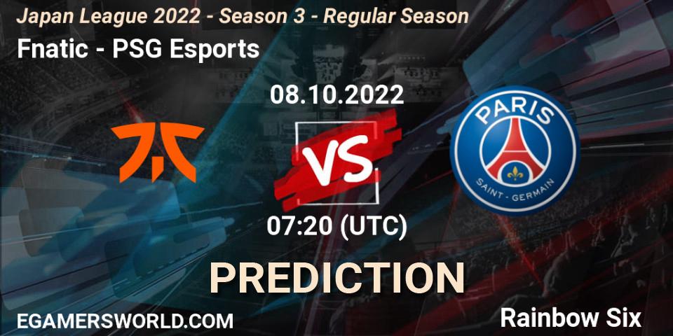 Fnatic vs PSG Esports: Match Prediction. 08.10.2022 at 07:20, Rainbow Six, Japan League 2022 - Season 3 - Regular Season
