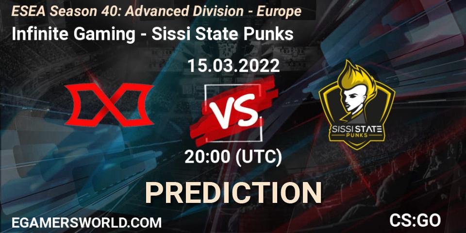 Infinite Gaming vs Sissi State Punks: Match Prediction. 15.03.2022 at 20:00, Counter-Strike (CS2), ESEA Season 40: Advanced Division - Europe