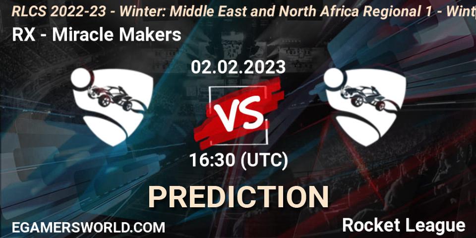 RX vs Miracle Makers: Match Prediction. 02.02.2023 at 16:30, Rocket League, RLCS 2022-23 - Winter: Middle East and North Africa Regional 1 - Winter Open