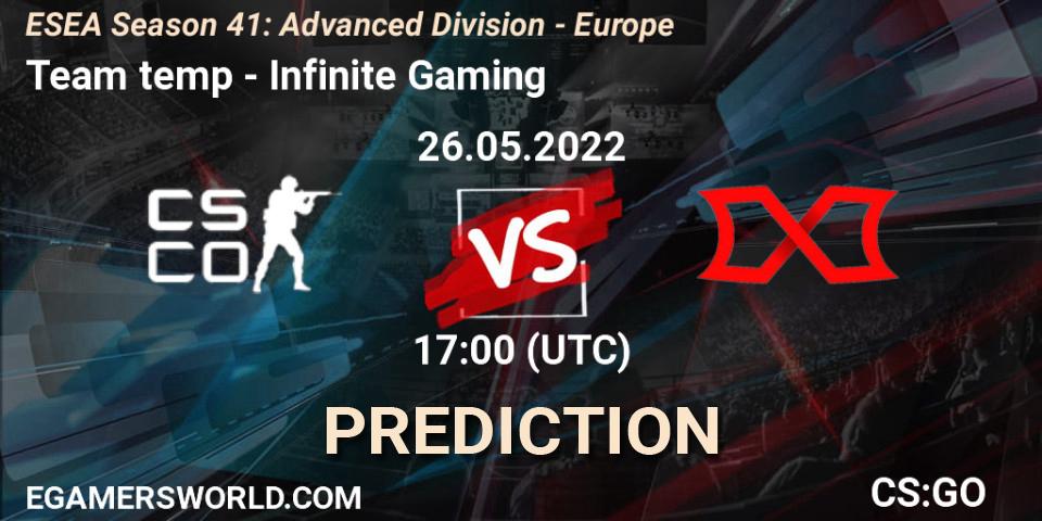 Team temp vs Infinite Gaming: Match Prediction. 07.06.2022 at 16:00, Counter-Strike (CS2), ESEA Season 41: Advanced Division - Europe