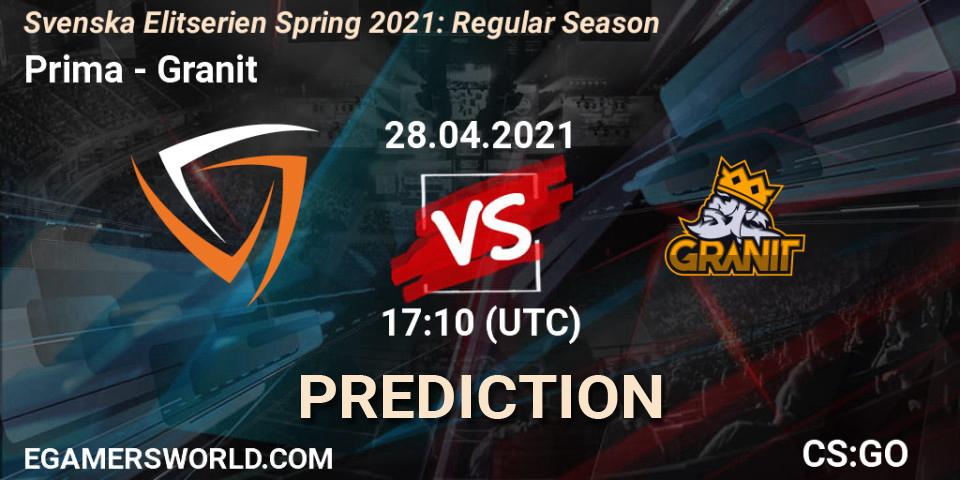 Prima vs Granit: Match Prediction. 28.04.2021 at 17:10, Counter-Strike (CS2), Svenska Elitserien Spring 2021: Regular Season