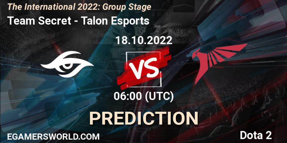 Team Secret vs Talon Esports: Match Prediction. 18.10.2022 at 07:05, Dota 2, The International 2022: Group Stage