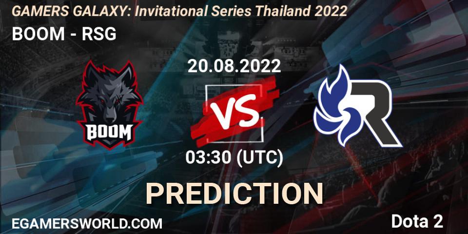 BOOM vs RSG: Match Prediction. 20.08.2022 at 03:30, Dota 2, GAMERS GALAXY: Invitational Series Thailand 2022