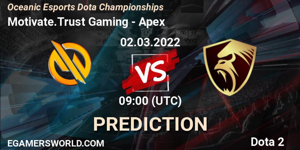 Motivate.Trust Gaming vs Apex: Match Prediction. 01.03.2022 at 08:18, Dota 2, Oceanic Esports Dota Championships