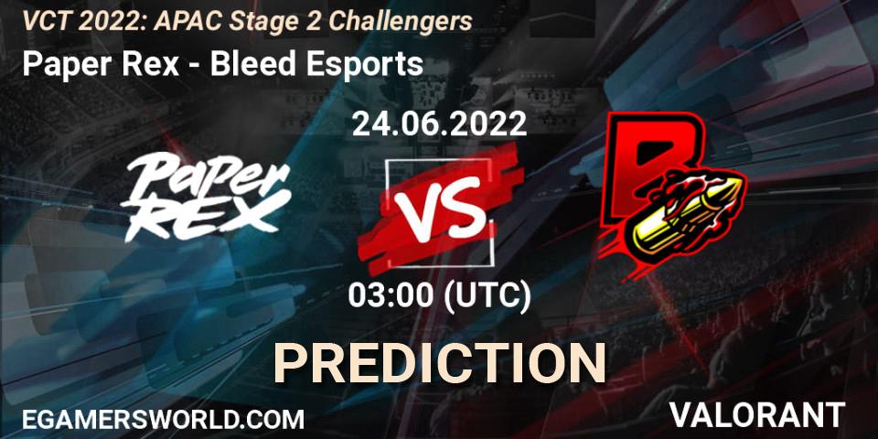 Paper Rex vs Bleed Esports: Match Prediction. 24.06.2022 at 03:00, VALORANT, VCT 2022: APAC Stage 2 Challengers