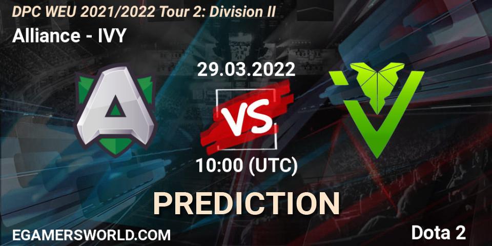 Alliance vs IVY: Match Prediction. 29.03.2022 at 09:55, Dota 2, DPC 2021/2022 Tour 2: WEU Division II (Lower) - DreamLeague Season 17