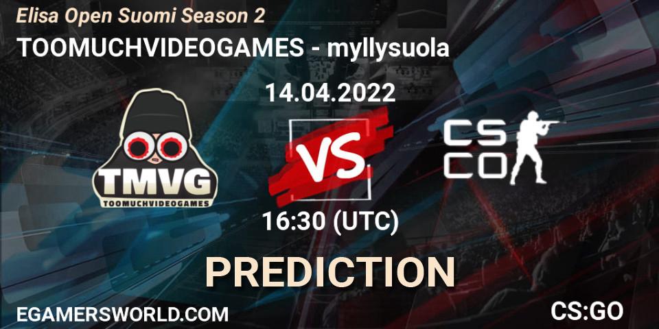 TOOMUCHVIDEOGAMES vs myllysuola: Match Prediction. 14.04.2022 at 16:30, Counter-Strike (CS2), Elisa Open Suomi Season 2