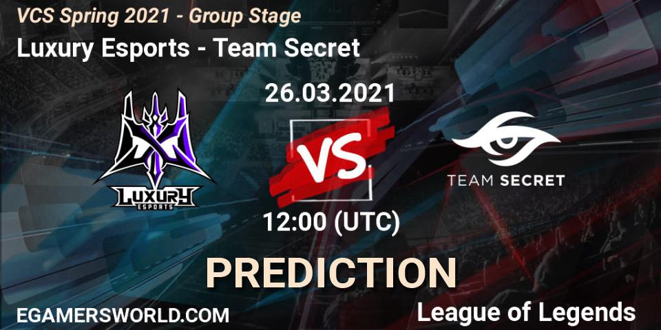 Luxury Esports vs Team Secret: Match Prediction. 26.03.2021 at 12:35, LoL, VCS Spring 2021 - Group Stage
