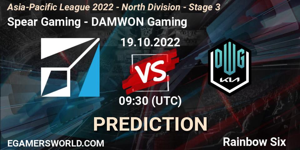 Spear Gaming vs DAMWON Gaming: Match Prediction. 19.10.2022 at 09:30, Rainbow Six, Asia-Pacific League 2022 - North Division - Stage 3