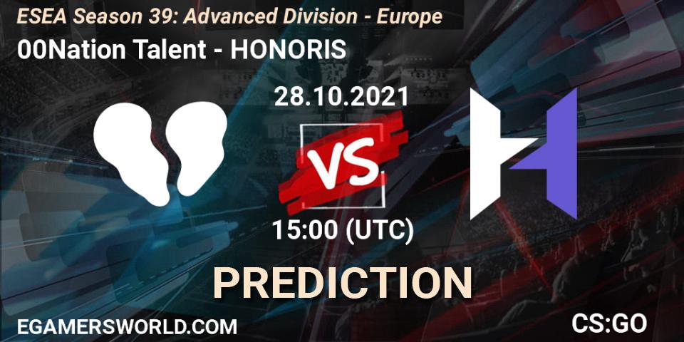 00Nation Talent vs HONORIS: Match Prediction. 28.10.2021 at 15:00, Counter-Strike (CS2), ESEA Season 39: Advanced Division - Europe