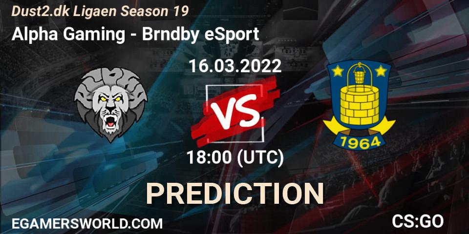 Alpha Gaming vs Brøndby eSport: Match Prediction. 16.03.2022 at 18:00, Counter-Strike (CS2), Dust2.dk Ligaen Season 19