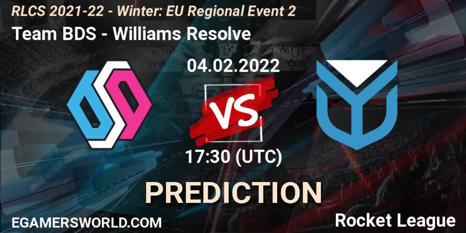 Team BDS vs Williams Resolve: Match Prediction. 04.02.2022 at 17:30, Rocket League, RLCS 2021-22 - Winter: EU Regional Event 2