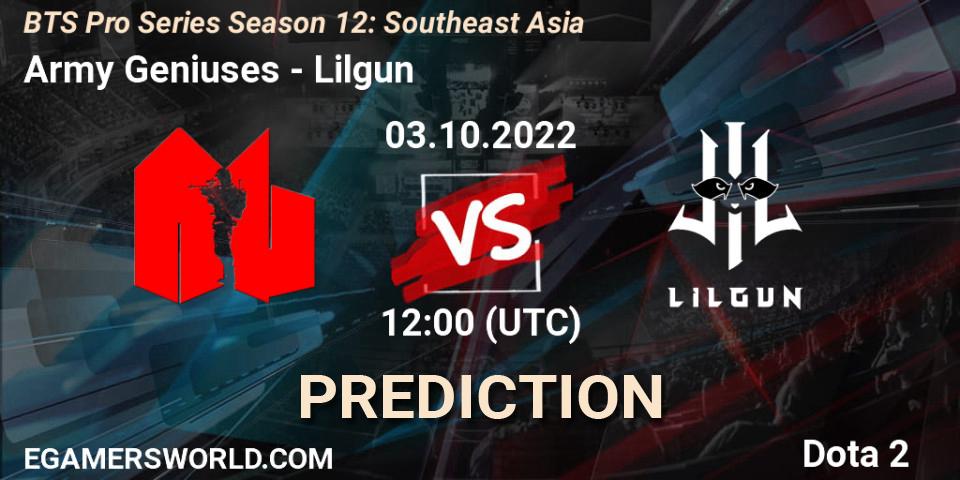 Army Geniuses vs Lilgun: Match Prediction. 03.10.2022 at 13:00, Dota 2, BTS Pro Series Season 12: Southeast Asia