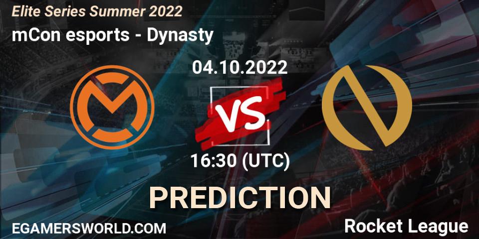 mCon esports vs Dynasty: Match Prediction. 04.10.2022 at 16:30, Rocket League, Elite Series Summer 2022