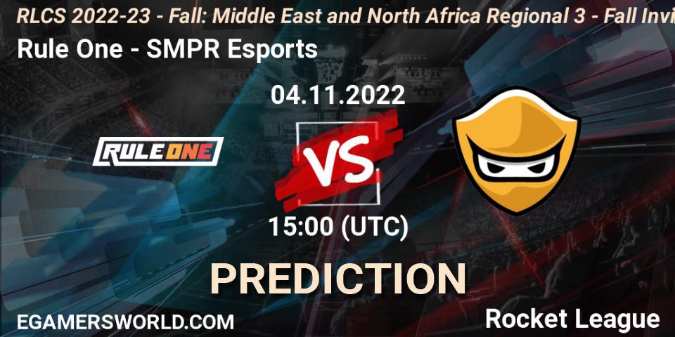 Rule One vs SMPR Esports: Match Prediction. 04.11.2022 at 15:00, Rocket League, RLCS 2022-23 - Fall: Middle East and North Africa Regional 3 - Fall Invitational