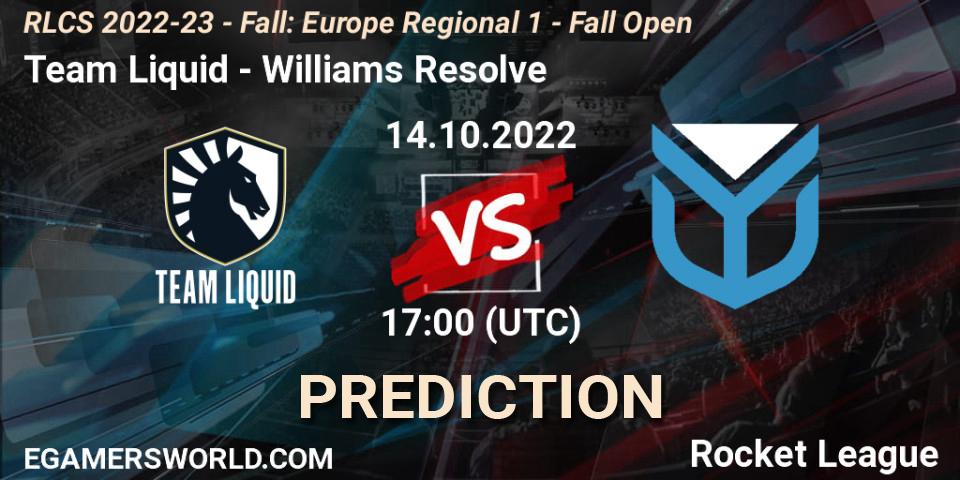 Team Liquid vs Williams Resolve: Match Prediction. 14.10.2022 at 15:00, Rocket League, RLCS 2022-23 - Fall: Europe Regional 1 - Fall Open