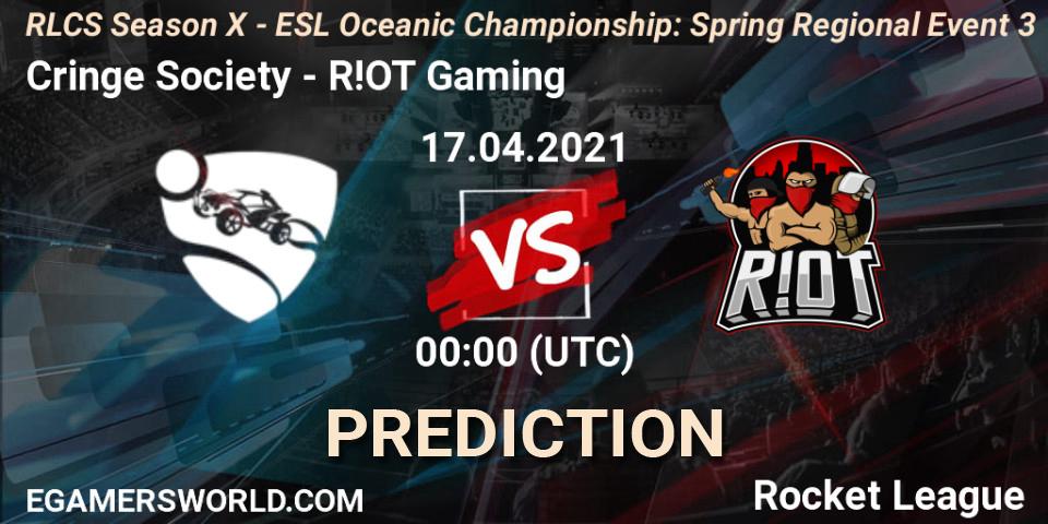 Cringe Society vs R!OT Gaming: Match Prediction. 17.04.2021 at 00:00, Rocket League, RLCS Season X - ESL Oceanic Championship: Spring Regional Event 3