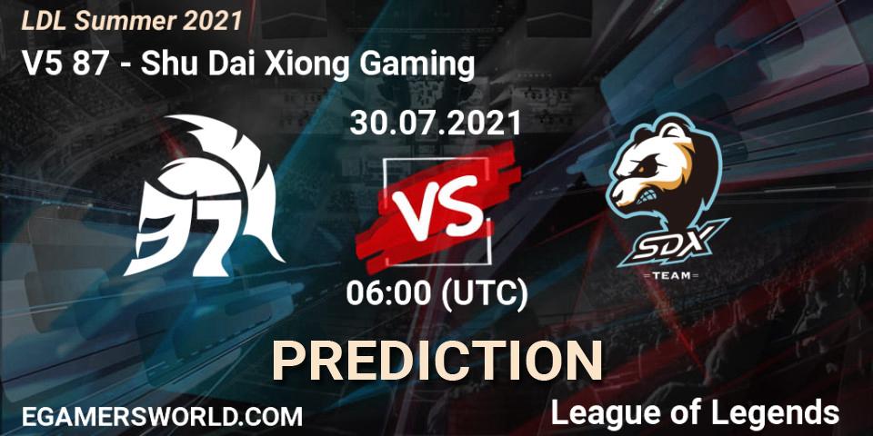 V5 87 vs Shu Dai Xiong Gaming: Match Prediction. 31.07.2021 at 06:00, LoL, LDL Summer 2021