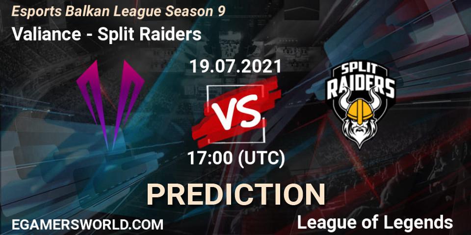 Valiance vs Split Raiders: Match Prediction. 19.07.2021 at 17:00, LoL, Esports Balkan League Season 9