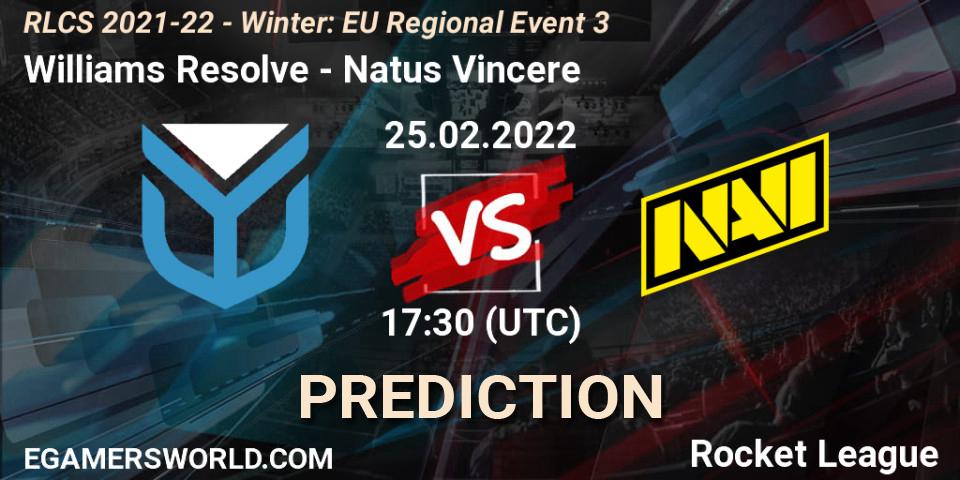 Williams Resolve vs Natus Vincere: Match Prediction. 25.02.2022 at 17:30, Rocket League, RLCS 2021-22 - Winter: EU Regional Event 3