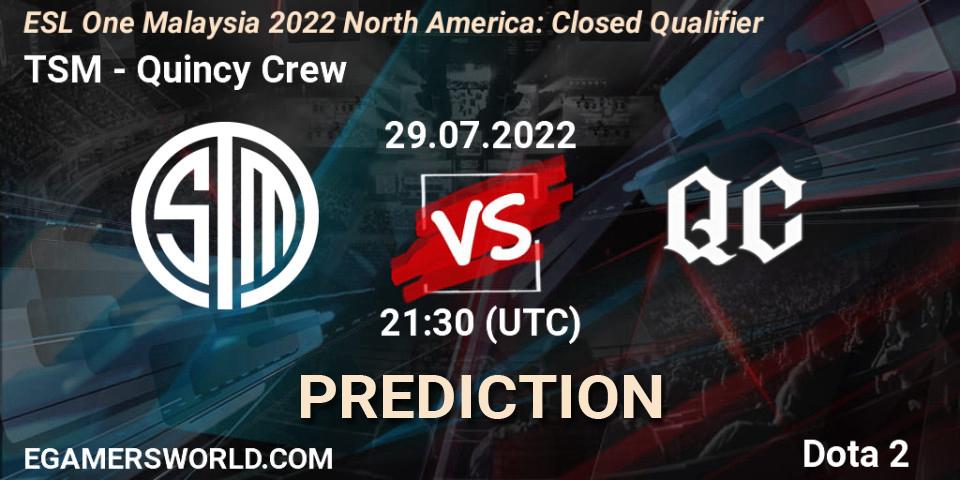 TSM vs Quincy Crew: Match Prediction. 29.07.2022 at 21:32, Dota 2, ESL One Malaysia 2022 North America: Closed Qualifier