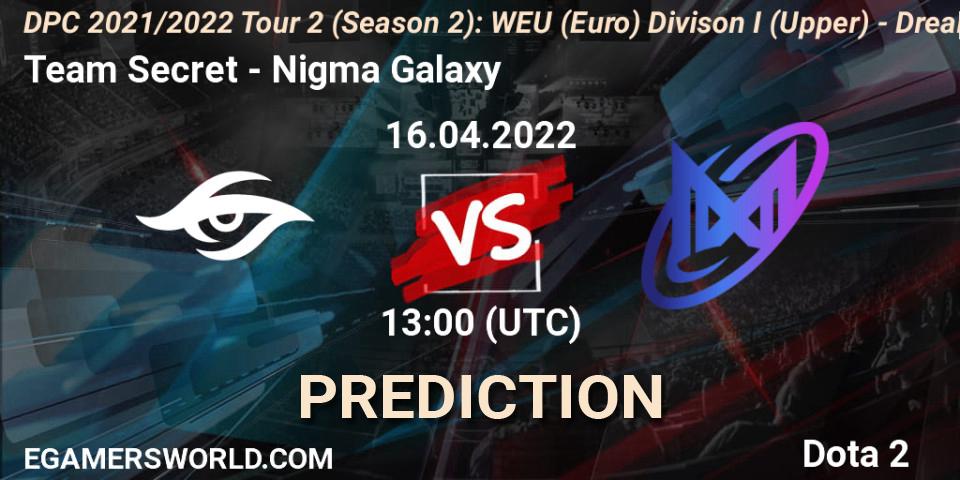 Team Secret vs Nigma Galaxy: Match Prediction. 16.04.2022 at 12:57, Dota 2, DPC 2021/2022 Tour 2 (Season 2): WEU (Euro) Divison I (Upper) - DreamLeague Season 17