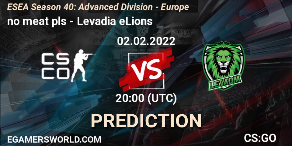 no meat pls vs Levadia eLions: Match Prediction. 02.02.2022 at 20:00, Counter-Strike (CS2), ESEA Season 40: Advanced Division - Europe