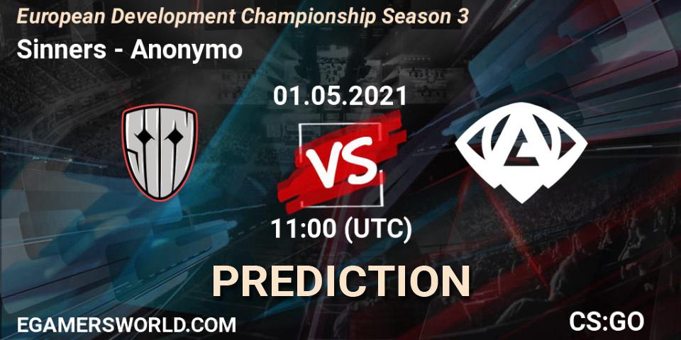 Sinners vs Anonymo: Match Prediction. 01.05.2021 at 14:15, Counter-Strike (CS2), European Development Championship Season 3
