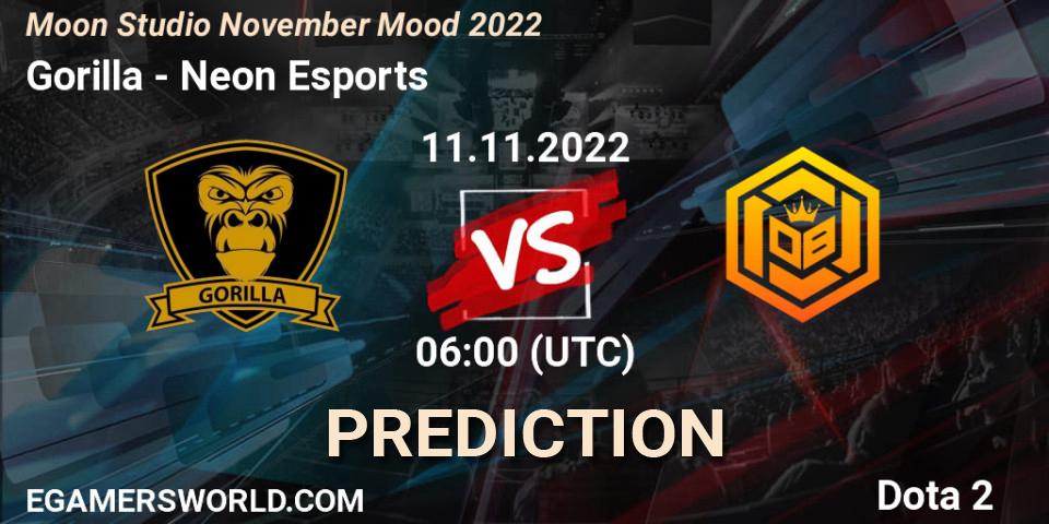 Gorilla vs Neon Esports: Match Prediction. 11.11.2022 at 06:09, Dota 2, Moon Studio November Mood 2022