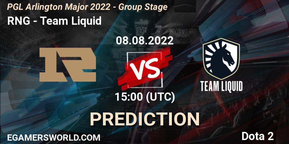 RNG vs Team Liquid: Match Prediction. 08.08.2022 at 15:00, Dota 2, PGL Arlington Major 2022 - Group Stage