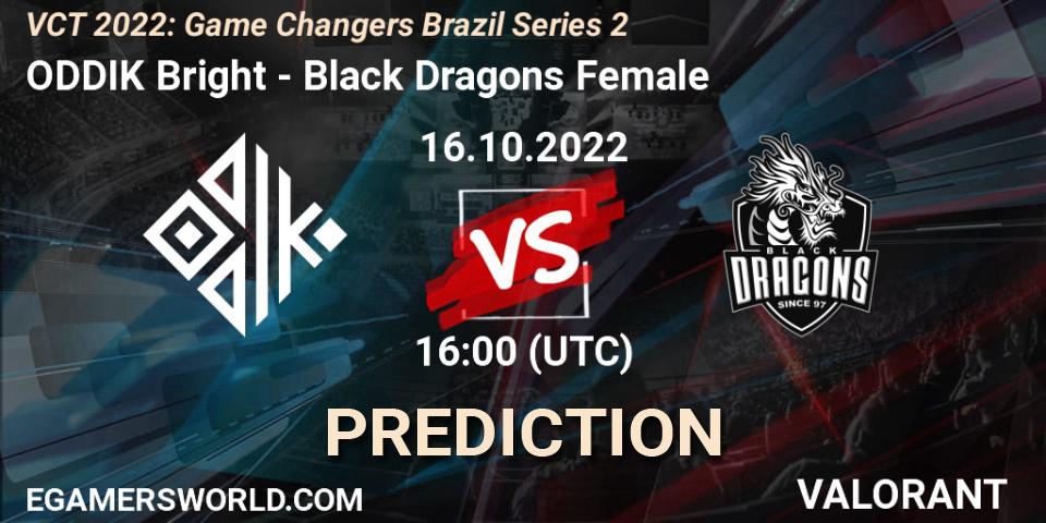 ODDIK Bright vs Black Dragons Female: Match Prediction. 16.10.2022 at 16:20, VALORANT, VCT 2022: Game Changers Brazil Series 2