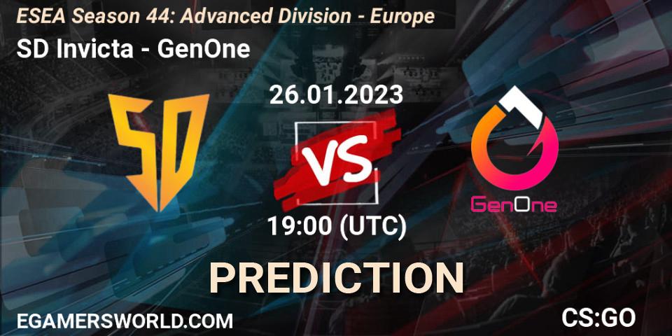 SD Invicta vs GenOne: Match Prediction. 26.01.2023 at 19:00, Counter-Strike (CS2), ESEA Season 44: Advanced Division - Europe